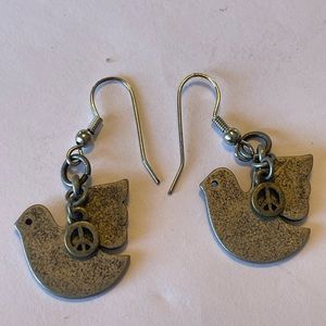 Bronze Dove peace sign leaf spiritual dangle earrings.
